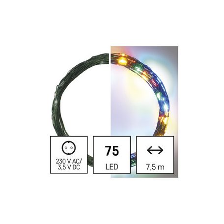 LED karácsonyi nano fényfüzér, zöld, 7,5 m, kültéri és beltéri, többszínű, időzítő
